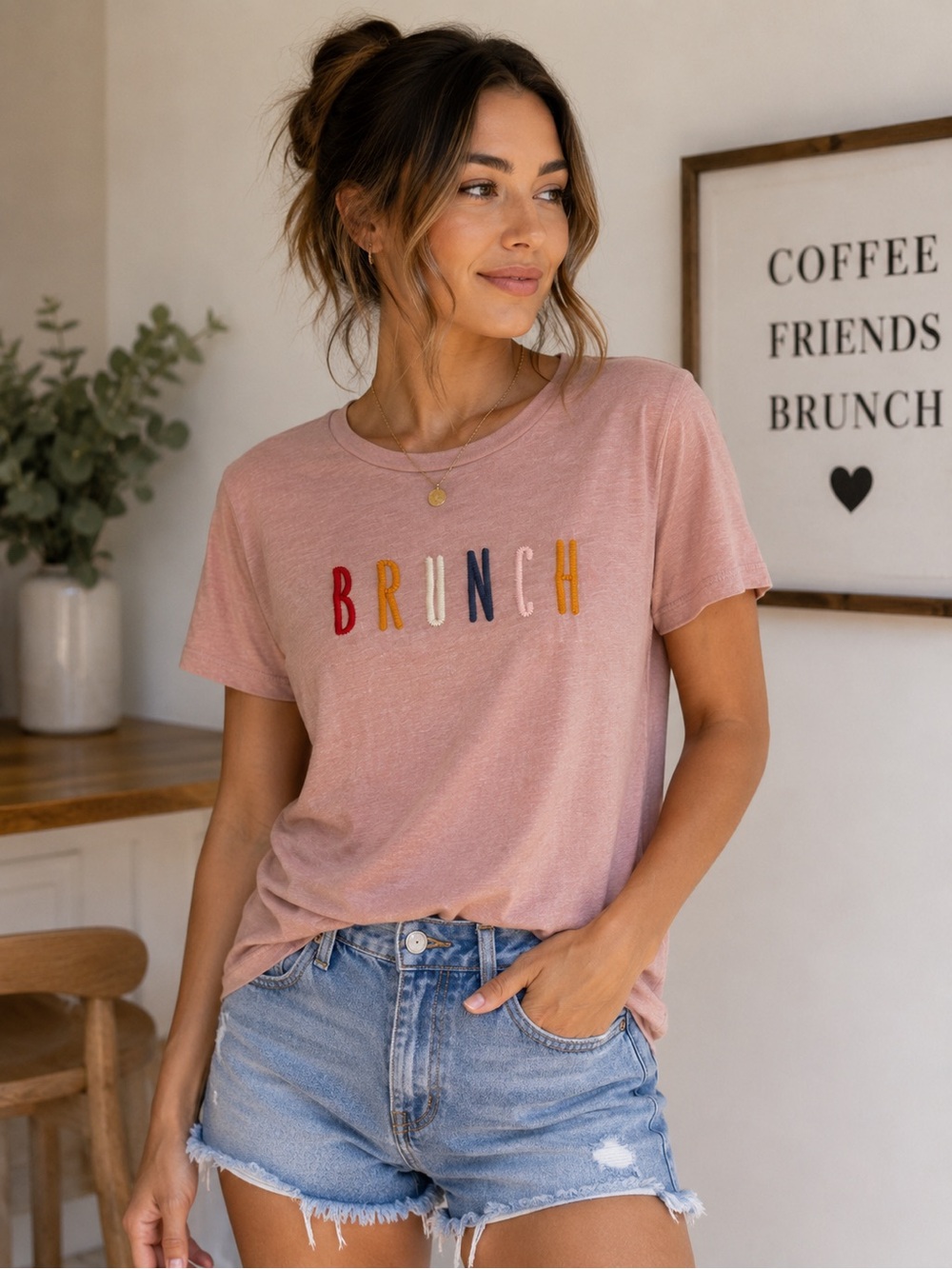 Luca + Grae Brunch Graphic Tee Pink Embroidered Casual Shirt Medium